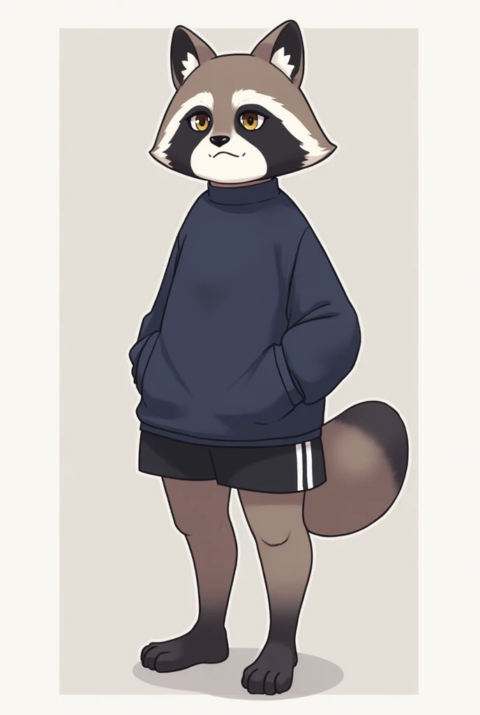 fursona/oc ref sheet raccoon, not chibby, big thighs  the stereotypical, grey-brown-black-tan a navy blue oversized sweater with black athletic shorts for girls usually that are shorter than most with white stripe markings as borders both either sad and cr...