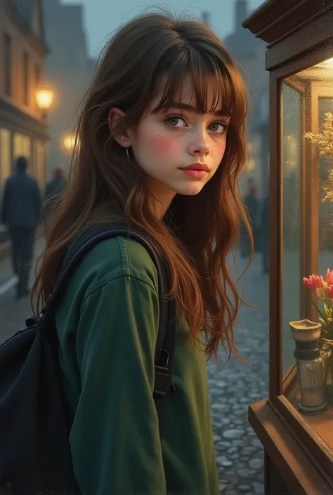  An oil painting with a watercolor style ,  inspired by the Harry Potter universe . The image shows an 18-year-old English girl with an adolescent appearance.  has long hair,  smooth and frayed brown , with a fringe lying on one side.  His skin is white, w...