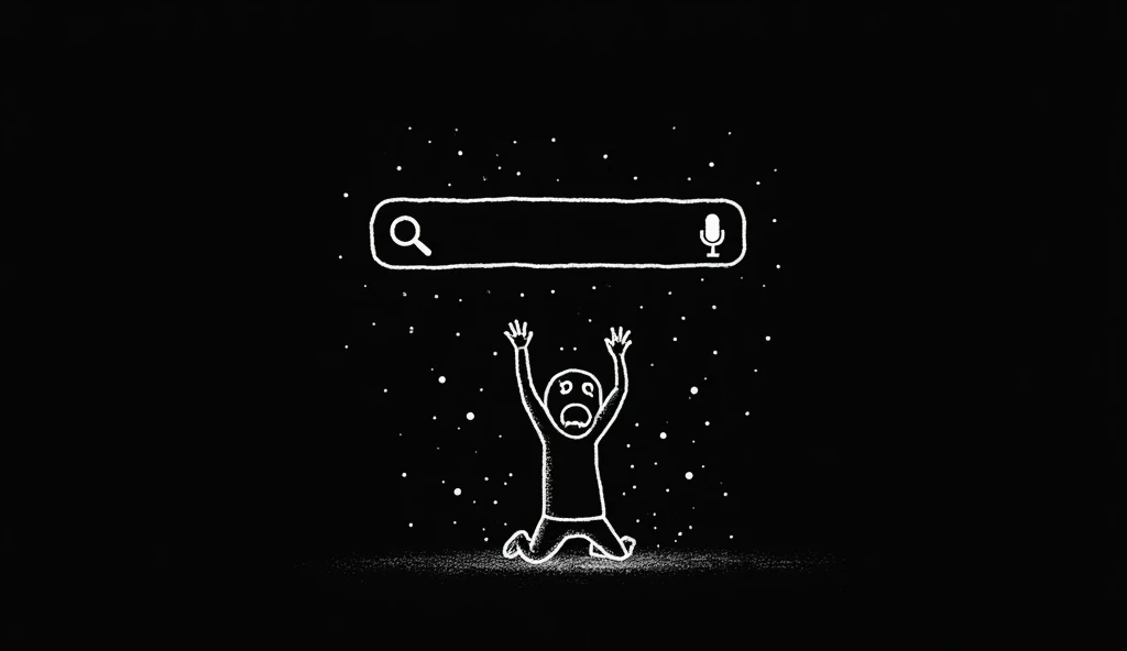 A minimalist digital drawing on a black background, featuring a stick figure kneeling with arms raised in a dramatic or desperate gesture. Above the figure, a large search bar with a magnifying glass icon on the left and a microphone icon on the right floa...