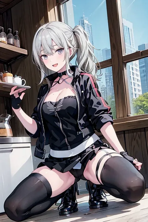 (from below:1.2).1 girl, small nose, very beautiful detailed face and eyes, bright colors, cute face, delicate beautiful face, Bright magenta eyes, cute eyes, sparkling eyes, Big eyes, (big breasts:1.3), (perky chest:1.1), (pointed chest:1.0), (coffee bar ...