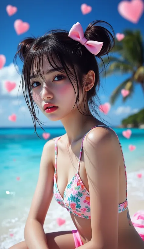 8k,  masterpiece,  best quality,  Beautiful Korean Women ,  Cute Style ,live-action,Photograph the whole body, bikini swimsuit, tropical sea, night sky and milky way background,   HEART DECORATION  ,  space bun hairstyle,  pink hair clip ,  bright makeup ,...