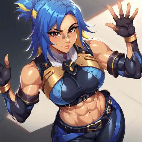 thobrine, shiny skin, depth of field, score_9, score_7_up, neonSDXL,1girl,solo,blue hair,yellow hair,multicolred hair,gloves,bare shoulders,brown eyes,detached sleeves,black gloves,elbow gloves,belt,pants,fingerless gloves,streaked hair,black pants,silver ...