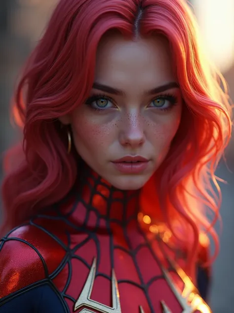 (Spider Gwen) (ultra FUSION), Face of 18 year old young girl highly detailed CG wallpaper | Unity 8k,  showing thighs , hair texture, Red panties red hair, Iron Man armor, low-cut v, In the colors gold black blue, complex, high detail, dramatic, Top Qualit...