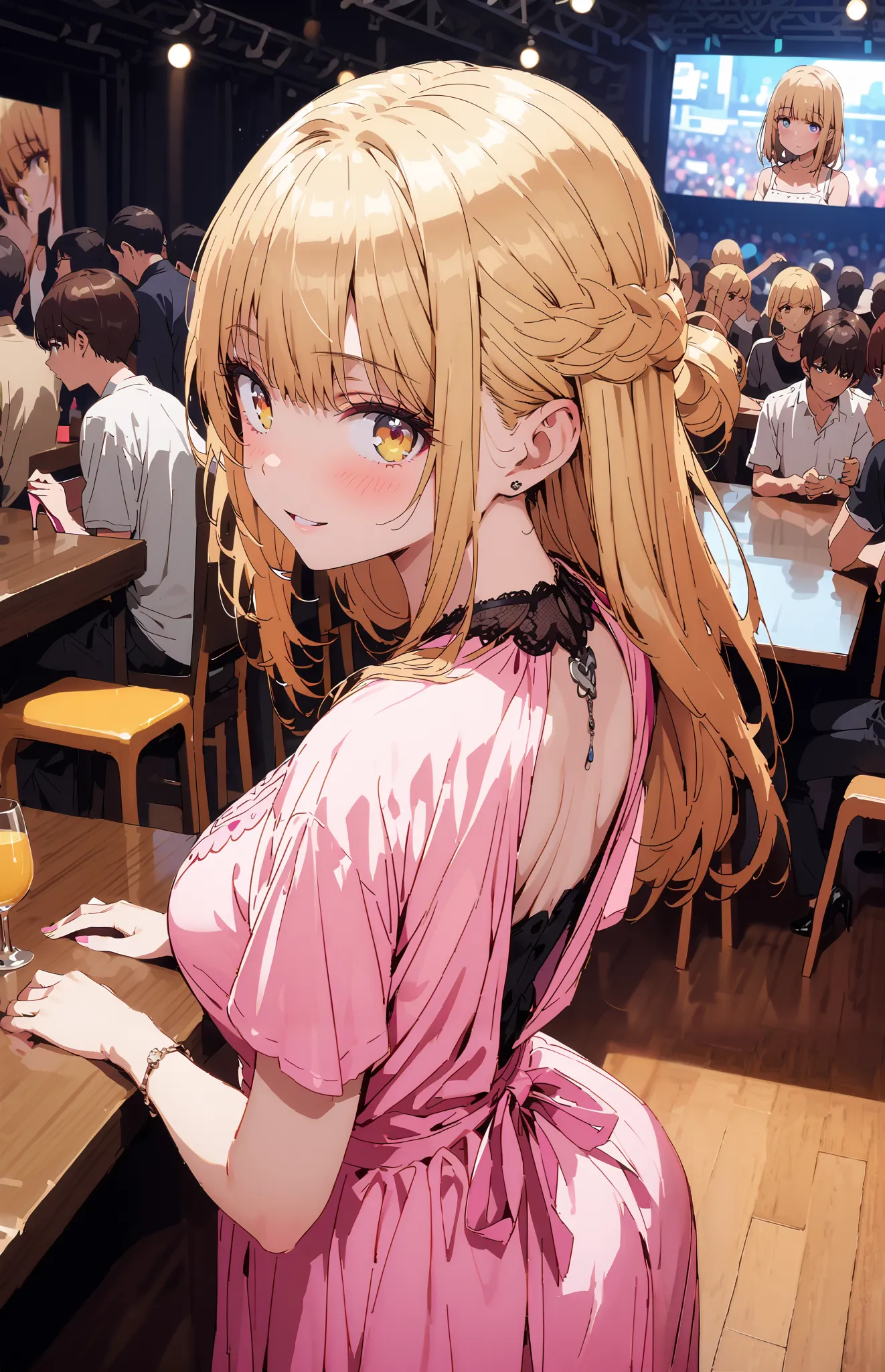 It&#39;s so dizzying, Mahiru Shiina, Alone,bangs,  blonde hair,  brown hair,  yellow eyes, half up do, off shoulder dress,Short sleeve,A dress that shows your back,Long slit,Bare legs, pin heels, egg looking back in the vagina,smile,blush, open your mouth,...