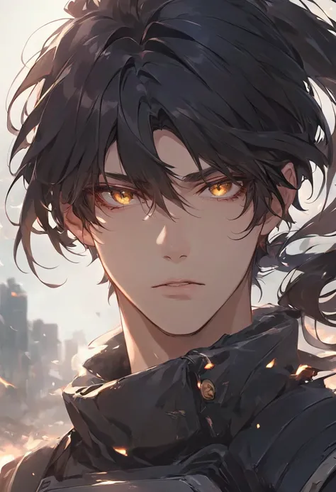 "Hyper-detailed, ultra-high-definition anime-style illustration of a male character in a close-up, emphasizing his striking features. His long, flowing black hair is tied into a loose low ponytail, with silky highlights catching the dim, apocalyptic light....