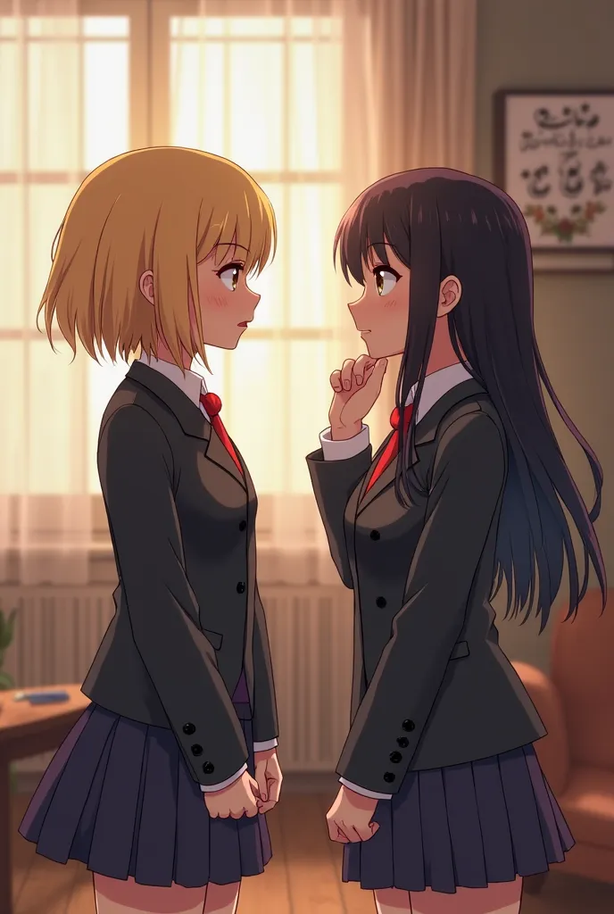 It generates a blonde girl with short hair who is next to a goth girl with long hair, both girls look at each other with a blushed face, That both of them have an academy uniform , Let the background be a living room 