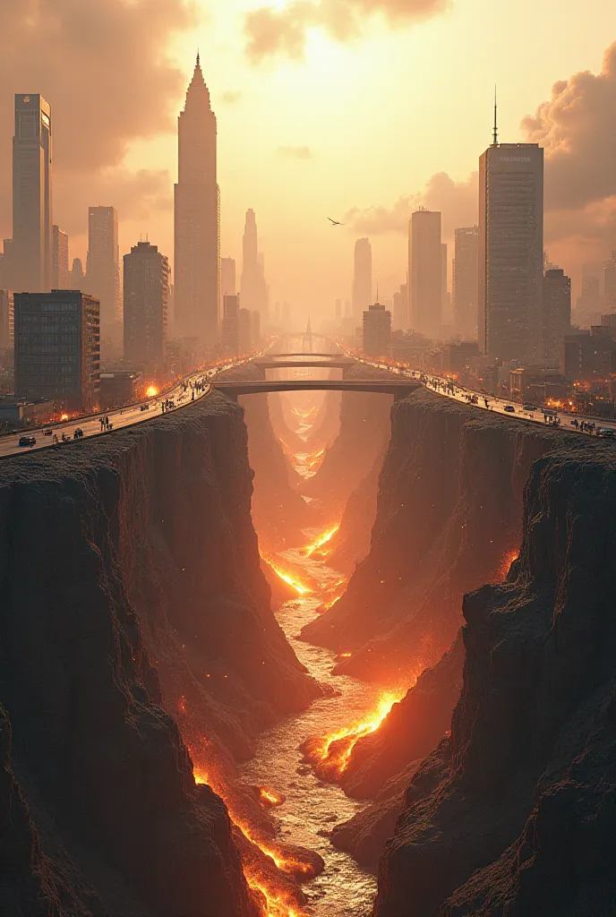 A hyper-realistic 3D animation of a massive, cataclysmic earthquake shaking the world. Skyscrapers collapse like dominoes, highways crack open, and entire mountains tremble. The ground splits apart, revealing a fiery abyss below, while people struggle to m...