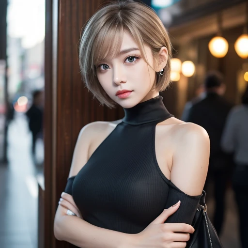  cyberpunk edgerunners,  1 girl,  ( cyberpunk),  shoulder out, blue eyes, chest,  leotard,  stares at viewers, medium chest,  off shoulderジャケット,   off shoulder ,  red eyeliner ,  short hair while on a business trip, sleeveless turtleneck  leotard, Alone, t...