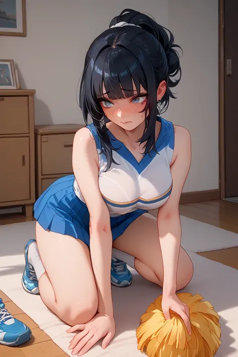     beautiful girl　         black hair　     ponytail 　   Japanese high school girl wearing white ribbon scrunchies　 big breasted　  big breasted　   her breasts are too big  　  cheerleading　  on all fours　 embarrassed