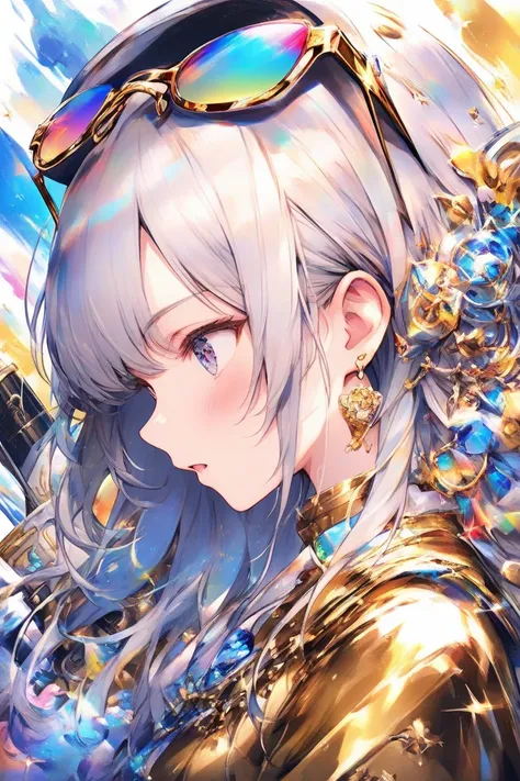  pretty girl、 colorfulな瞳、 Silver Hair、ink、White and gold clothes、 is cool、Sunglasses on head、profile、Open your mouth a little、 hair is long、hair together、I have a big white gun、 colorful