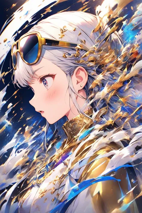  pretty girl、 colorfulな瞳、 Silver Hair、ink、White and gold clothes、 is cool、Sunglasses on head、profile、Open your mouth a little、 hair is long、hair together、I have a big white gun、 colorful