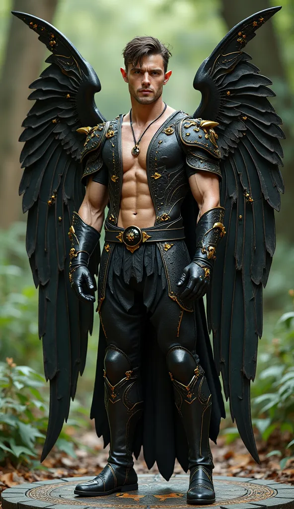  Full body photorealistic handsome hunky masculine fractal Elf Fairy Prince. Pointed Ears. Shirtless....unreal engine, extremely attractive male wearing  black onyx and gold jewelled tight fit leather spandex honeycomb fabric costume with gloves belt and b...