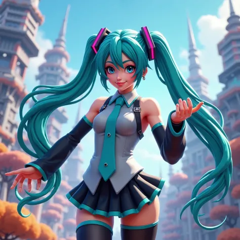 Make me an attractive YouTube thumbnail of Miku in Fortnite
