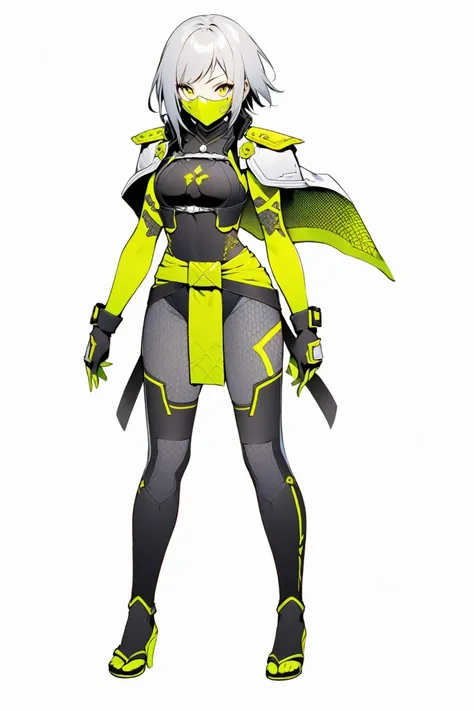 cyberpunk ninja action novel。One female ninja。((white background illustration ))。(( full body illustration))。(( standing))。Ninja mask。fantasy priestly attire。Wear protectors on your shoulders, elbows, and knees。two-tone yellow and silver。 very short hair。 ...