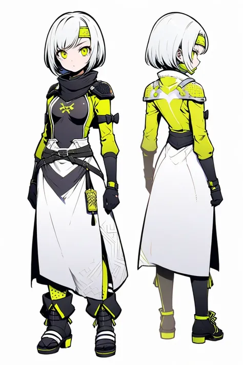 cyberpunk ninja action novel。One female ninja。((white background illustration ))。(( full body illustration))。(( standing))。Ninja mask。fantasy priestly attire。Wear protectors on your shoulders, elbows, and knees。two-tone yellow and silver。 very short hair。 ...