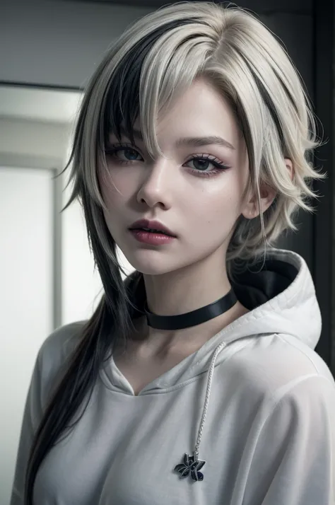 (best quality, 4k, 8k, high resolution, masterpiece: 1.2), ultra detailed, (realistic, photorealistic: 1.37), 1 girl, woman, emo hairstyle, black lips, choker, eyeliner, eyeshadow, mascara, smoky eyes, beautiful detailed red eyes, PERFECT FACE, medium brea...