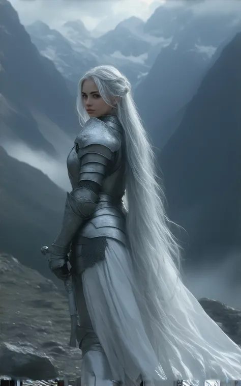 Dungeons and Dragons, female Paladin, beautiful face, very long silver hair, fantasy background, sexy, seductive, high detail, masterpiece.