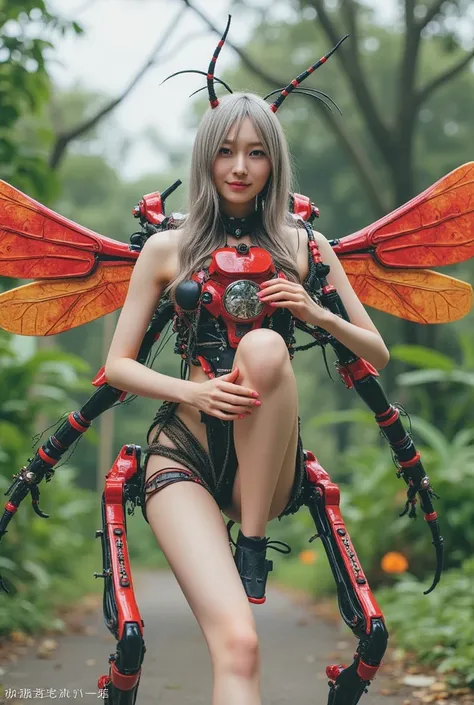 Insect-type Cyborg Girl, (top-quality:1.2, masterpiece), ultra-high resolution, ultimately surrealism, (Photorealsitic:1.4), (stag beetle-like (mechanical:1.4) (armor:1.1)),mechanical large wings, red porcelain body, mechanical legs, gray hair, growly skin...