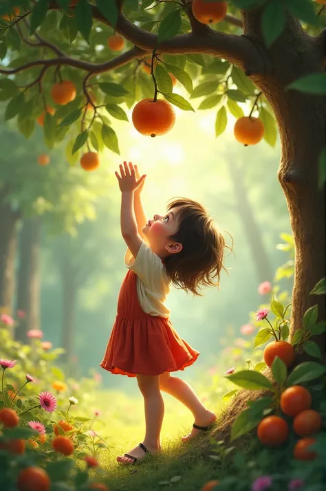 Create a girl trying to reach a fruit 