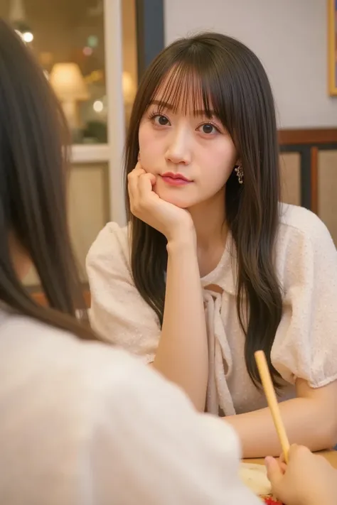 A young woman rests her chin on her hand, with her elbow placed on the table, as she watches her female friend eat. The friend is reaching out with chopsticks toward a dish on the table. The setting is a cozy restaurant or café with warm lighting. The atmo...