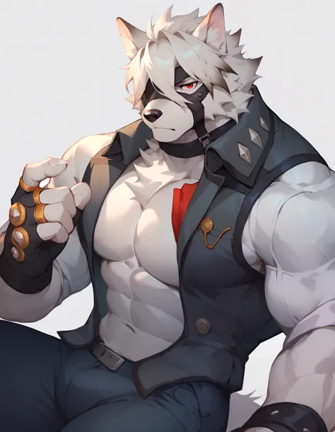 Score_9, Score_8_up, Score_7_up, alone, is from Wolfdog, Werewolf, muscular, red eyes, Button, Eye mask, eye is covered, pants, Wristband, The best band , vest, Fingernails , fingerless gloves ,, Tail, Chest Focus,Chest muscles, male focus , has sil...