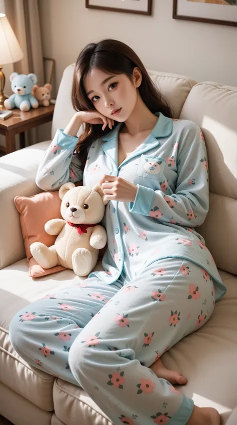 A beautiful Korean woman in a realistic style, wearing a stylish training outfit paired with transparent pajamas, lounging comfortably on a plush sofa. The setting features soft, warm lighting that enhances her features, with a cozy atmosphere highlighted ...