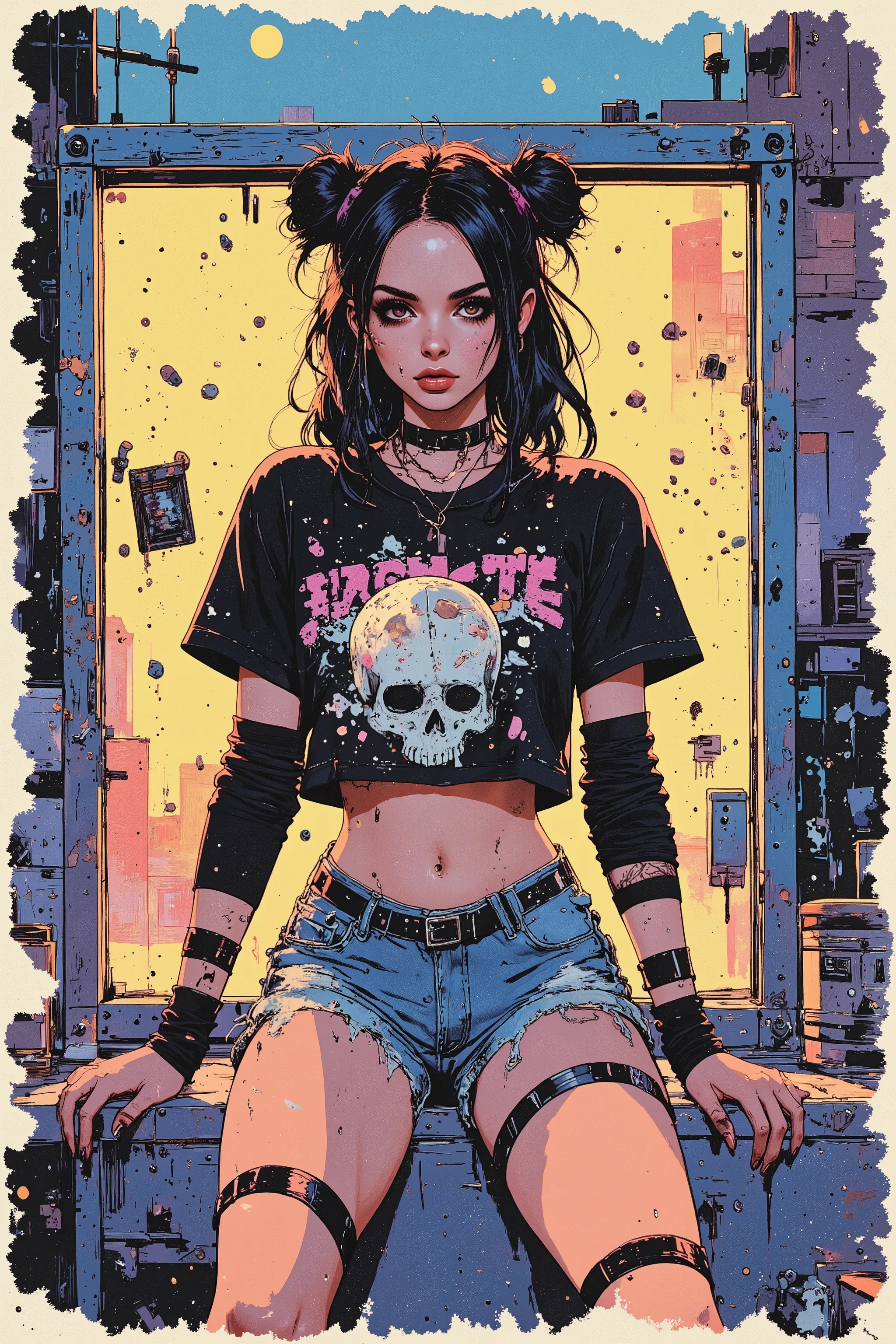 (urban rooftop background:1.3), solo, 1girl, (cinematic lighting:1.5), (close-up details:1.2), (black-hair:1.3), (kawaii goth aesthetics:1.5), (heroin chic:1.5), (cropped graphic tee with holes:1.3), (denim cutoff shorts:1.5), (elbow warmers:1.3), (grungy:...