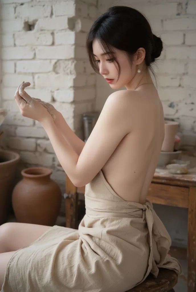 A stunning young Asian woman with delicate features, wearing a loose beige apron that reveals her bare back and side. She is seated on a rustic wooden stool in an old pottery studio, surrounded by clay pots and earthenware. Her dark hair is styled in a mes...