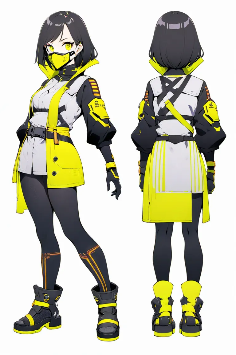 cyberpunk ninja action novel。One female ninja。((white background illustration ))。(( full body illustration))。(( standing))。cyberpunk ninja mask。Priest-style attire。Wear protectors on your elbows and knees。two-tone yellow and silver。Black-haired Belly Short...