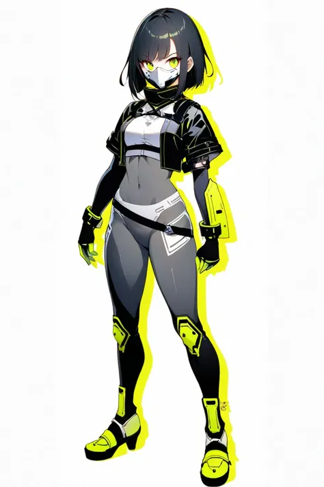 cyberpunk ninja action novel。One female ninja。((white background illustration ))。(( full body illustration))。(( standing))。cyberpunk ninja mask。Priest-style attire。Wear protectors on your elbows and knees。two-tone yellow and silver。Black-haired Belly Short...