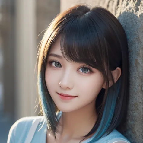 (Masterpiece), ( top quality), ( ultra detail ),( dischevel hair ),( illustration), ( One Girl ), is standing, smile, beautiful eyes in every detail , light blue eyes , detailed beautiful light blue hair, detail hair on the front of the wall , bangs, Best ...