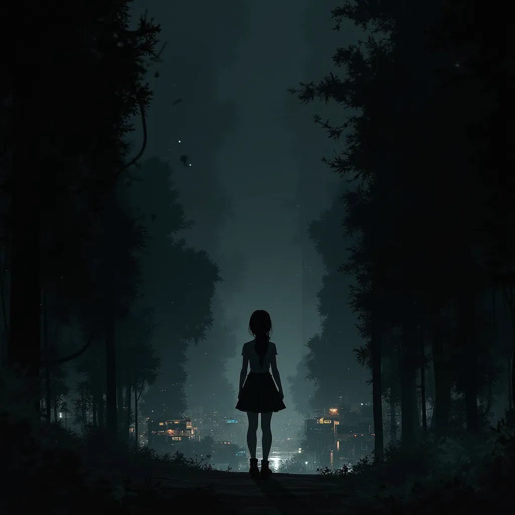 The female character in the game is looking at the town, abstract glitch art black background ,  high detail ,  central composition 