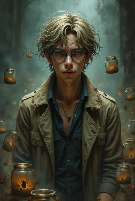 A young crazed insane and drunk with power man Round glasses  dark dirty blonde pale skin trench coat burned. Slightly at the bottom with jars of magic insects with a five a clock shadow   