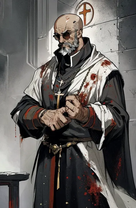 1man, male_focused, full body, older, masculine, rugged male, blood splatter, priest, father, white_priest_clothing, robe, bald, bearded, in the style of Kentaro Miura, fantasy, SCI-FI, vintage punk small round sunglasses,