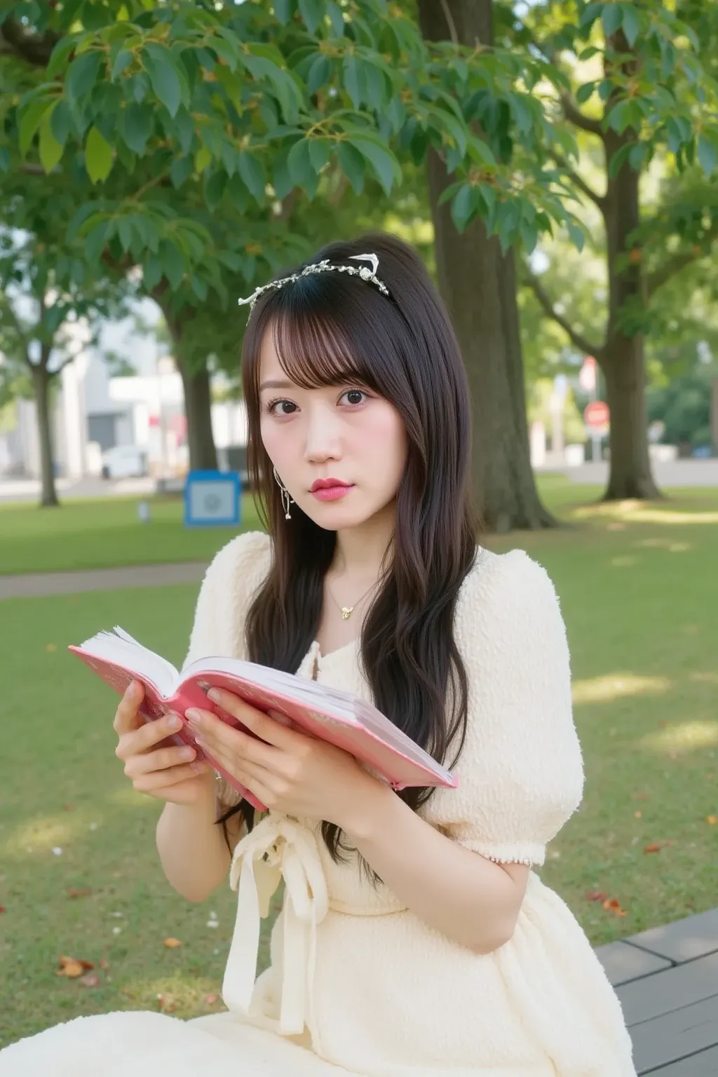 A woman wearing glasses sits on a bench in a tranquil park, engrossed in a book. The park is filled with lush greenery, tall trees, and soft sunlight filtering through the leaves. A gentle breeze moves the pages slightly as she enjoys her quiet reading tim...