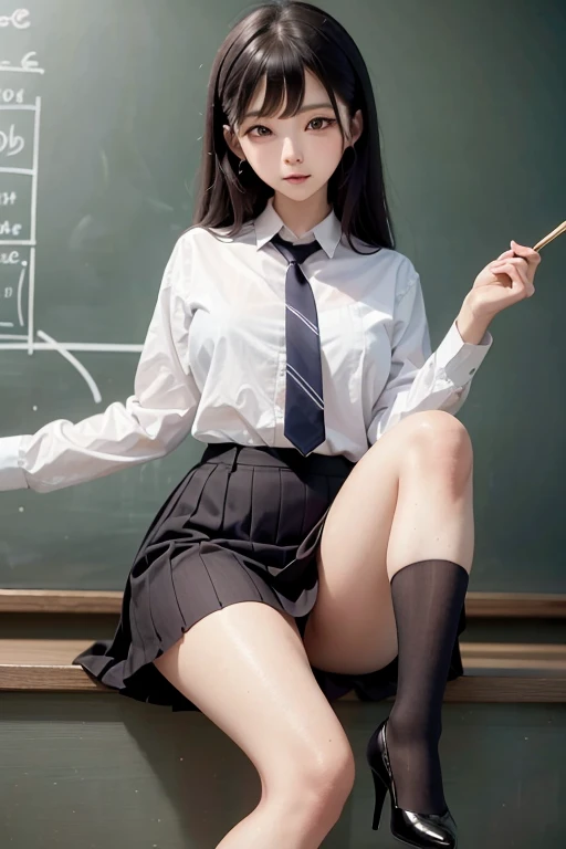 teacher, lecture , seriously, HEELS ,Ruler,striped skirt , shirt ,blackboard, Math formula , beautiful
