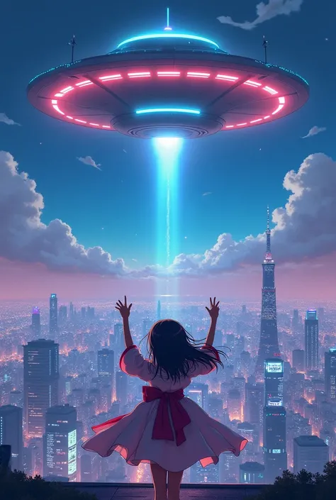  anime、　 Japanese、 black hair、Puella Magi looks up　A flying saucer flew over the sky　vast and epic cyberpunk Tokyo　8k　this is very detailed　( Victory Pose、v sign))、