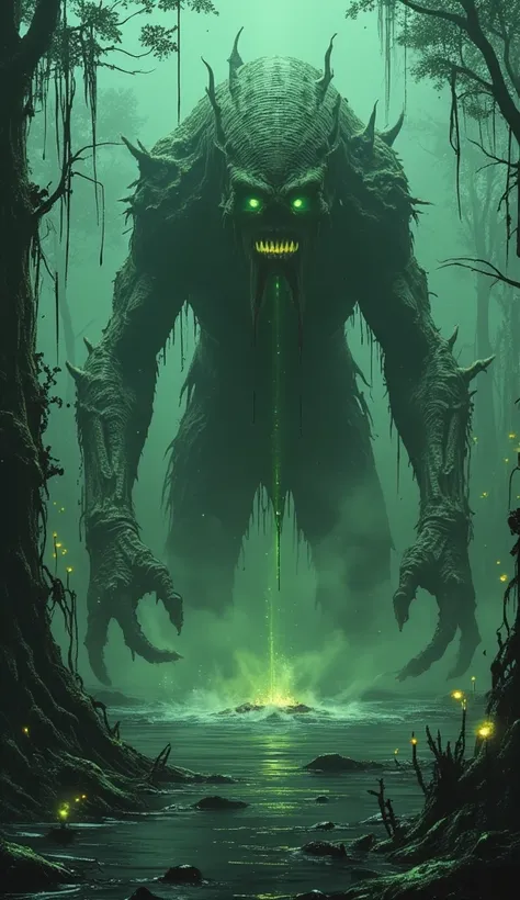 A towering monster named Belerik emerges from a misty swamp—10 feet tall with decayed flesh, jagged scales, and a sickly green glow. Multiple glowing eyes twitch across its asymmetrical face, while a gaping mouth reveals rows of uneven, venom-dripping fang...