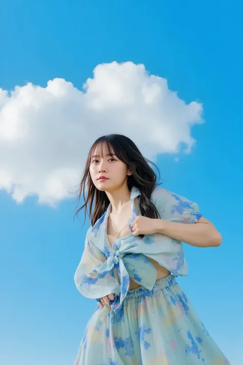 A cute young woman is captured mid-air, jumping high as if she is flying against a bright blue sky. Her expression is joyful and free, with her hair and clothes flowing in the wind. She wears a stylish yet casual outfit, and the sunlight highlights her fac...