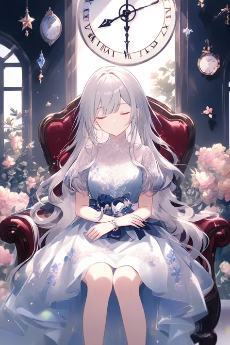  pretty girl、antique space、 Silver Hair、 hair is long、gem、beautiful doll-like face、 expressionless、 I have my eyes closed、sitting on a chair、Wearing a dress、Shining、clock、flower、Window、 expressionless、beautiful、beautifulな髪、Asleep