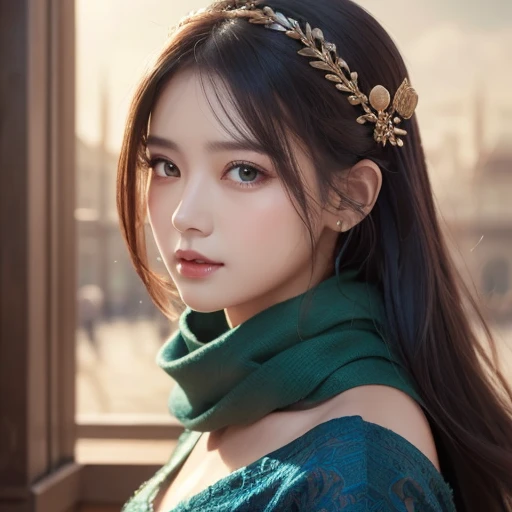 A woman in a blue dress with a long green scarf, Beautiful Portraits,  beautiful fantasy empress extremely detailed  animated illustration  , 