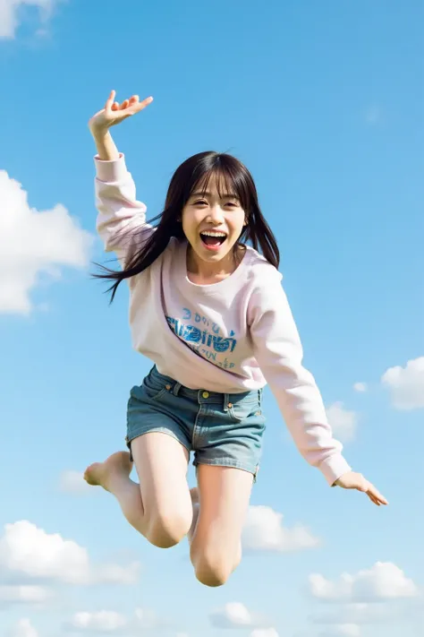 A cute young woman is captured mid-air, jumping high as if she is flying against a bright blue sky. Her expression is joyful and free, with her hair and clothes flowing in the wind. She wears a stylish yet casual outfit, and the sunlight highlights her fac...