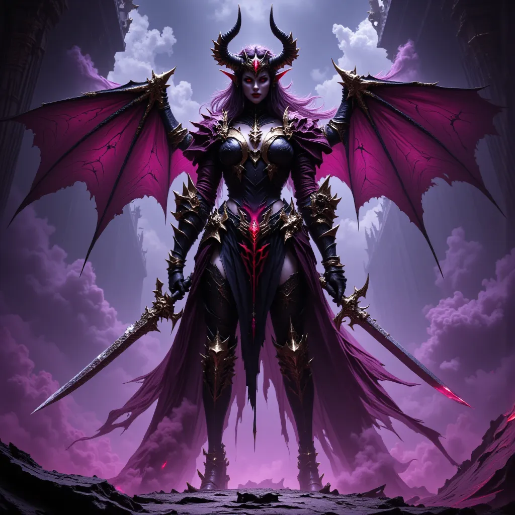 - "Russian" Adult Woman, Beautiful, tall, long legs, Long Red Devil Horns on her head, Long Purplish Black Hair.

Body full of tribal tattoos that are clearly visible.

- Wearing a costume ("Full Sexy Armor"), a costume that embodies the "Devil" Form, (Arm...