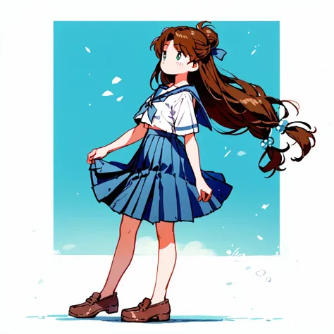 Brown Hair, School Sailor Uniform, White Shirt, Long Blue Skirt, Blue Sailor Fuku, Brown Shoes, Long Hair, Green Eyes, Full Body, Half Updo, Low-Tied Long Hair, Sideview,