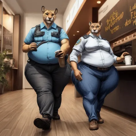 1 adult, male puma, he's fat, has a massive butt (bigger), fat arms and legs, is wearing a security uniform, pants, the puma is standing inside of a coffee store, is walking