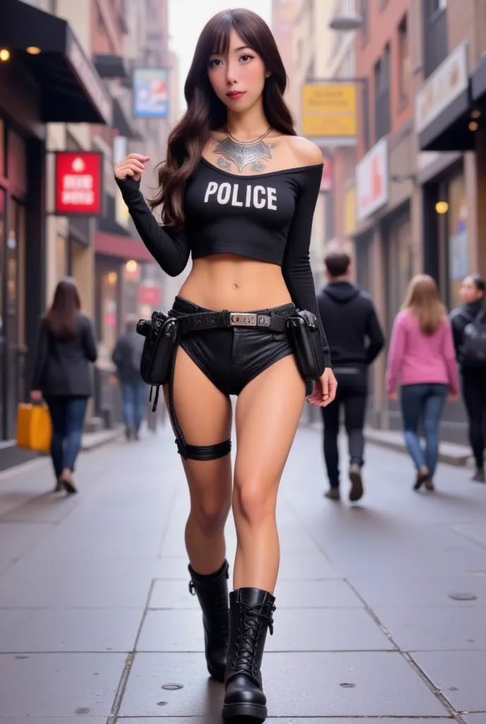 A sexy cop (tight top partially unbuttoned no bra, sexy, stomach exposed, police mini skirt panties exposed, well defined labia, cute police head band, utility belt with pistol, short boots) she is walking her beat downtown, crowded sidewalks, she is frien...