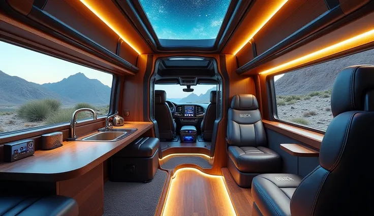 highly detailed and futuristic interior of the 2025 buick Motorhome 6x6, designed for ultimate luxury and off-road adventure. The cabin features premium leather seats with buick-embroidered headrests, ambient LED lighting, and a sleek, high-tech dashboard ...