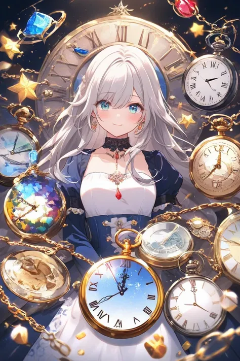  pretty girl、 Silver Hair、greenい目、big clock、I have a pocket watch、There are a lot of watches、green、Mysterious、 beautiful、beautiful、white clock、The Blue Clock、greenと白と金色の服を着てる、 Otherworld、night、The clock is shining、wonder、The girl is turning、gem、Sparkling