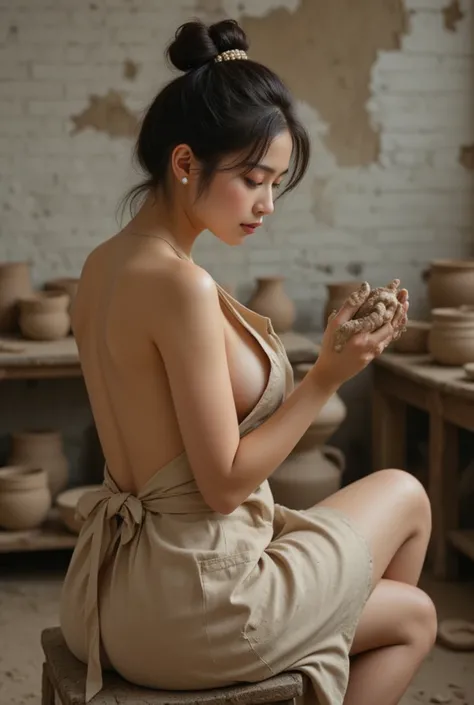 A stunning young Asian woman with delicate features, wearing a loose beige apron that reveals her bare back and side. She is seated on a rustic wooden stool in an old pottery studio, surrounded by clay pots and earthenware. Her dark hair is styled in a mes...