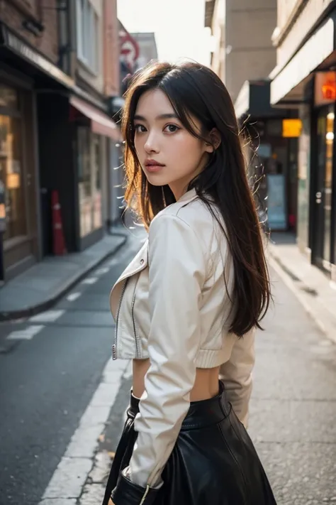 A young Asian woman, positioned slightly off-center to the left of the image, is depicted in a narrow urban street at twilight.  She is in her late teens or early twenties, with long dark hair and light skin.  She is wearing a black leather jacket, a light...